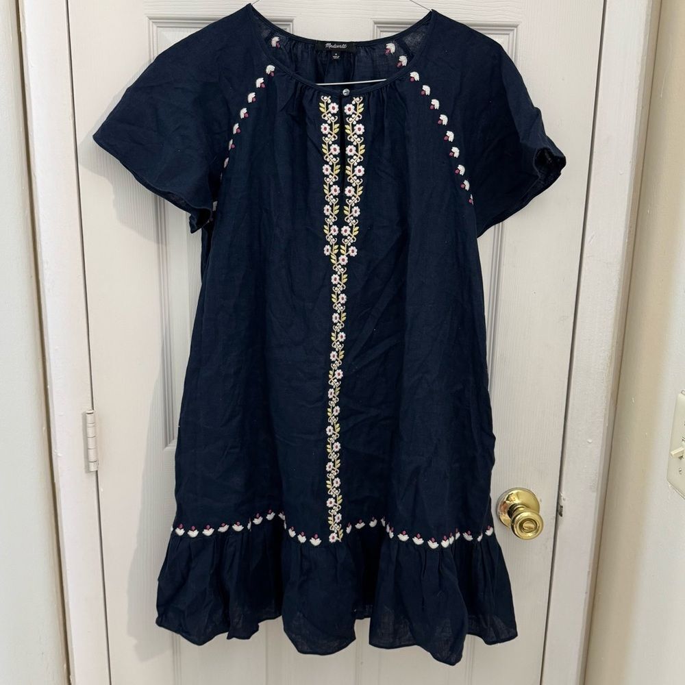 Madewell Embroidered Linen-Blend Raglan Ruffle Mini Dress Size Medium Deep Navy